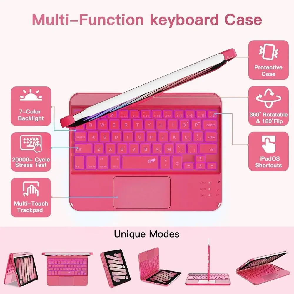 iPad mini 7 (A17 Pro, 2024) & Mini 6 (2021) Case with Keyboard, 7 Colors Backli